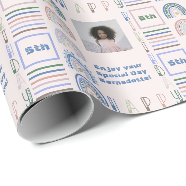 Name Age Sentiment Boho Rainbow Pink Blue Green Wrapping Paper (Roll Corner)