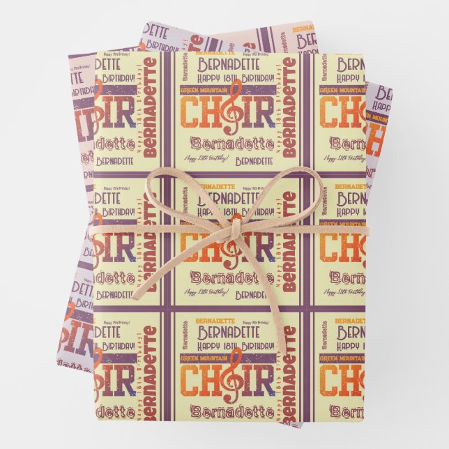 Name Age Sentiment Choir Themed Birthday Wrapping Paper Sheet (In situ)