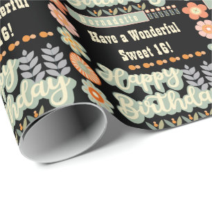 Name Age Text Retro Vintage Daisy Flower Birthday Wrapping Paper