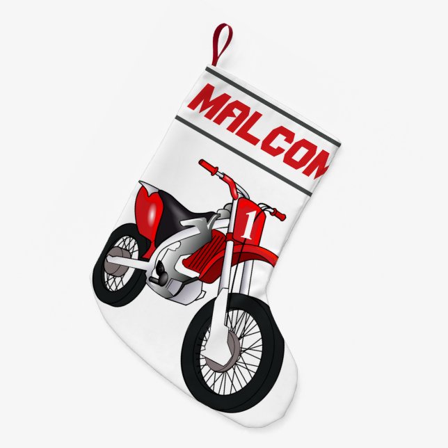 NAME and Age or Number Dirt Bike Motorcycle Small Christmas Stocking (Front (Hanging))