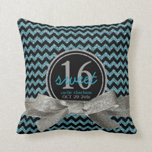 Name and Birthday Aqua Black Chevron Sweet 16 Cushion