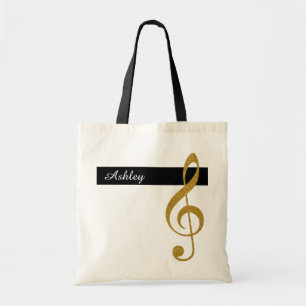 name and golden treble clef music tote bag