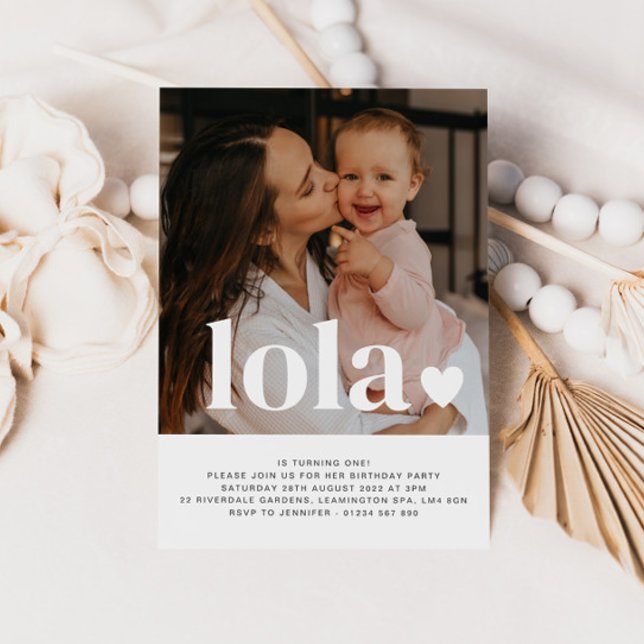 Name and Heart Photo First Birthday Invitation  (Creator Uploaded)