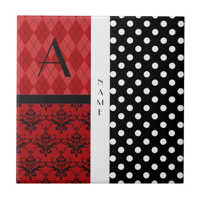 Name and monogram black and white polka dots tile (Front)