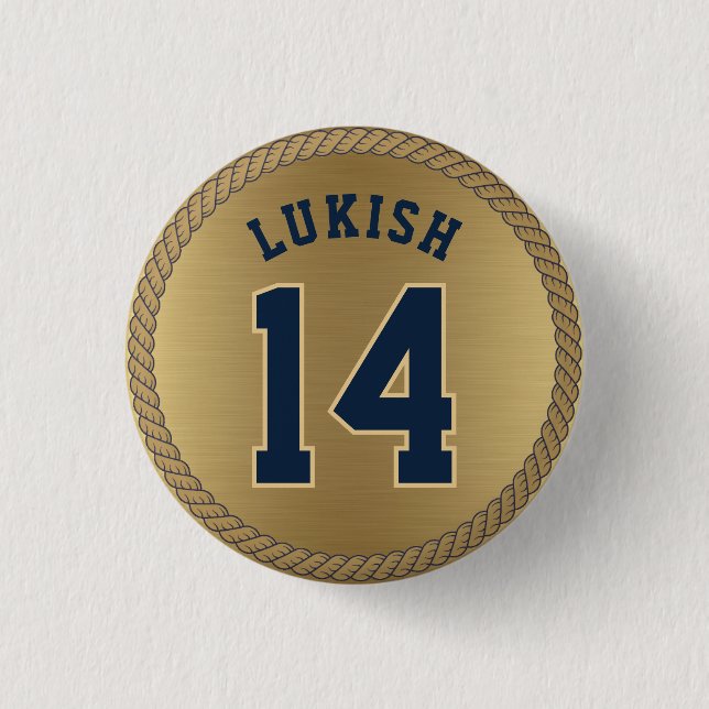 Name and Number Navy Blue and Gold Veteran  3 Cm Round Badge (Front)