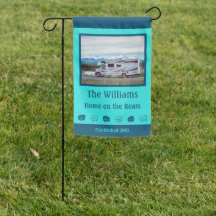 Name and Photo Retro RVs Campsite Flag, Blue, Teal