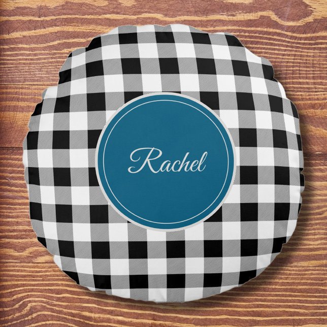 Name, Any Dark Colour, Black White Buffalo Check Round Cushion (Creator Uploaded)