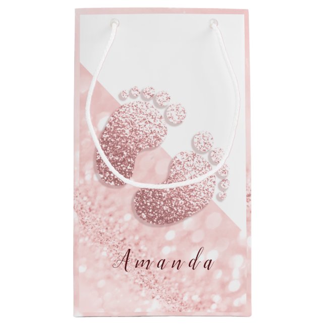 Name Baby Feet Rose Gold Baby Shower Pink White Small Gift Bag (Back)