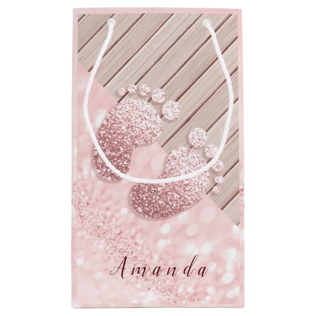 Name Baby Feet Rose Gold Baby Shower Pink Wood Small Gift Bag (Back)