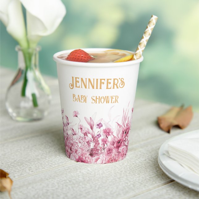 Name, Baby Shower, Extra Text, Floral Border 8oz Paper Cups (Insitu)
