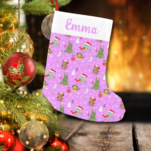 Name Baby Zoo Animals Celebrating Christmas Pink  Small Christmas Stocking (Creator Uploaded)