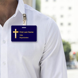 Name Badge with Christian Gold Cross  ID Badge