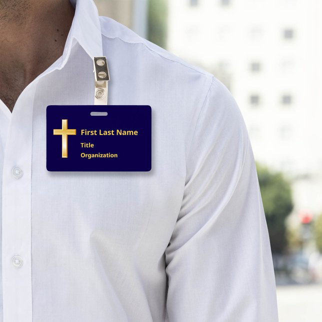 Name Badge with Christian Gold Cross  ID Badge (Modern name badge with gold cross. Perfect for events & meetings. Customize text & attachment style.)