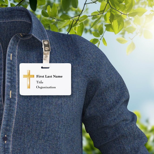 Name Badge with Christian Gold Cross  ID Badge (Modern Christian name badge, customize for special events, meetings, and presentations.)
