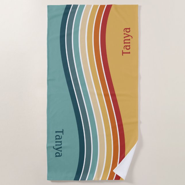 Name, Beach Wave Stripes, Mid Century Modern Colou Towel (Front)