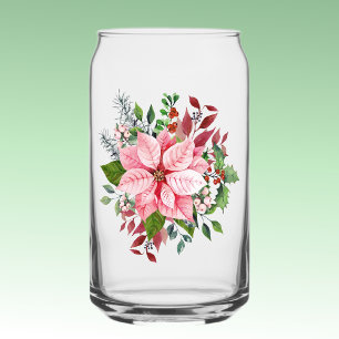 Name, Beautiful Pink Poinsettia Wreath 16oz Can Glass