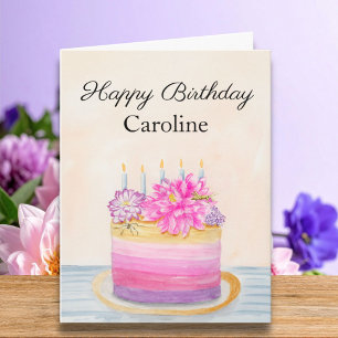 Name Birthday Cake with Dahlia and Garden Insect Card