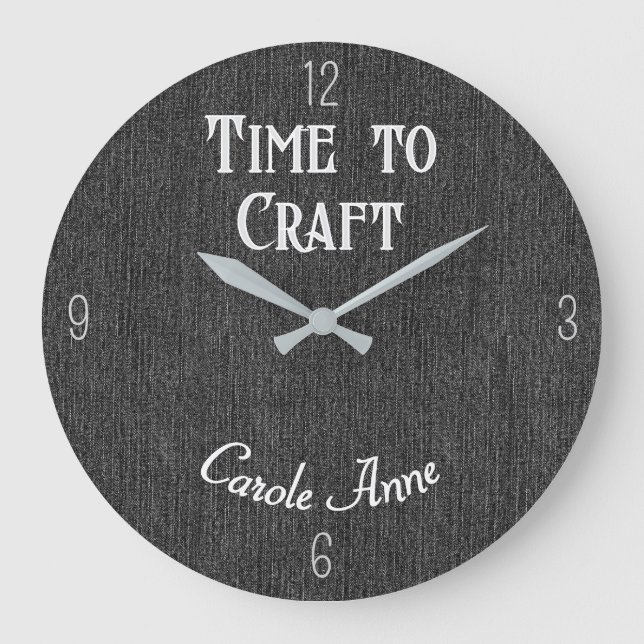 Name, Black Denim Print, Time to Craft  Large Clock (Front)