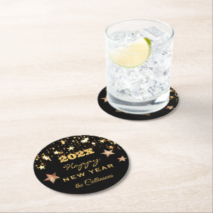Name, Black & Gold 'Happy New Year' Round Paper Coaster