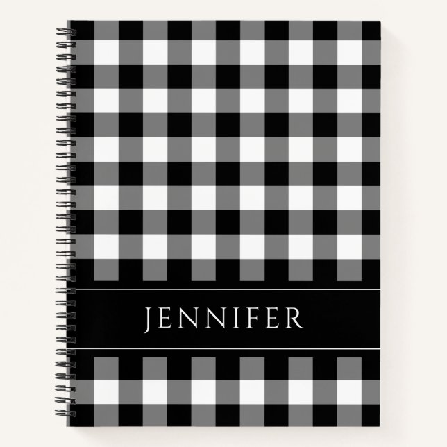 Name Black & White Gingham Chequered Pattern Noteb Notebook (Front)