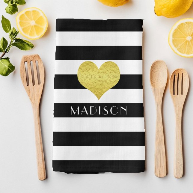 Name Black White Gold Heart Pattern Print Tea Towel (Name Black White Gold Heart Pattern Print Kitchen Towel)