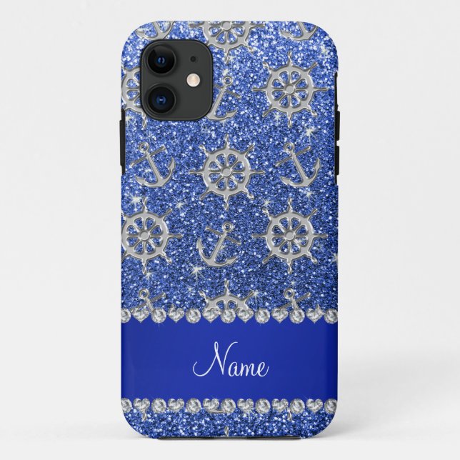 Name blue glitter silver anchors ships wheel Case-Mate iPhone case (Back)