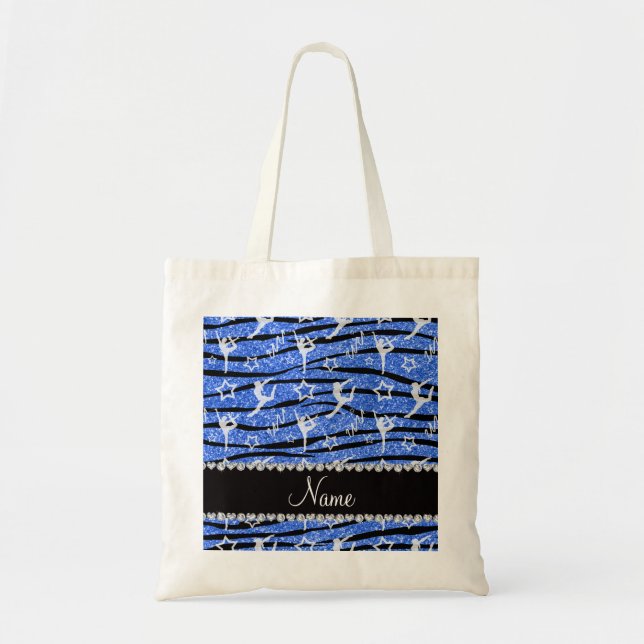 Name blue gymnastics glitter zebra stripes tote bag (Front)