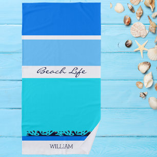 Name Blue Ocean Stripes Chic Beach Towel