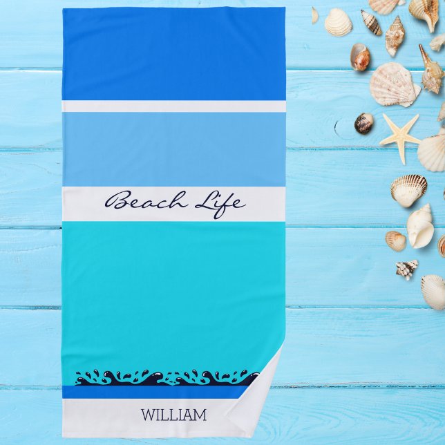 Name Blue Ocean Stripes Chic Beach Towel (Creator Uploaded)