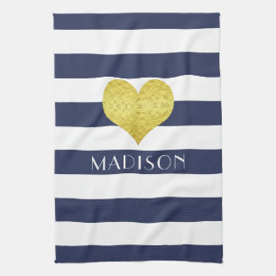 Name Blue White Gold Heart Pattern Print Tea Towel
