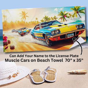 Name, Blue Yellow Muscle Cars on Sandy Surf Shore Beach Towel
