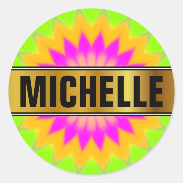 Name + Blurry Vibrant Bursting Flower-Like Pattern Classic Round Sticker (Front)