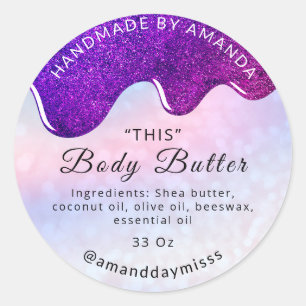 Name Body Butter Drips Pink Holographic Glitter Classic Round Sticker