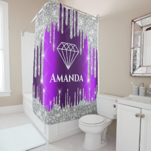 Name Bridal Glitter Drips Gray Purple Diamond Shower Curtain