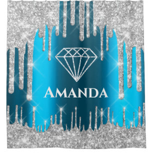 Name Bridal Glitter Drips Grey Teal Blue Diamond Shower Curtain