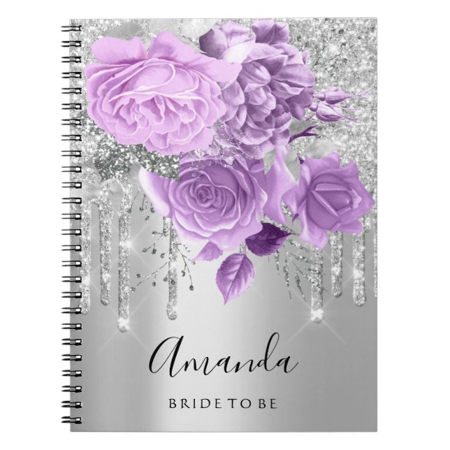 Name Bridal Shower Silver Drip Floral Purple Roses Notebook (Front)