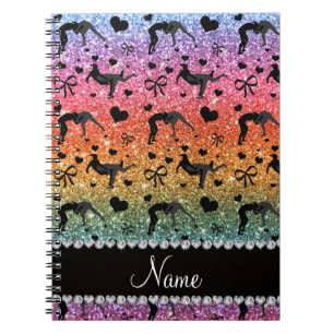 Name bright rainbow glitter wrestling hearts bows spiral notebook