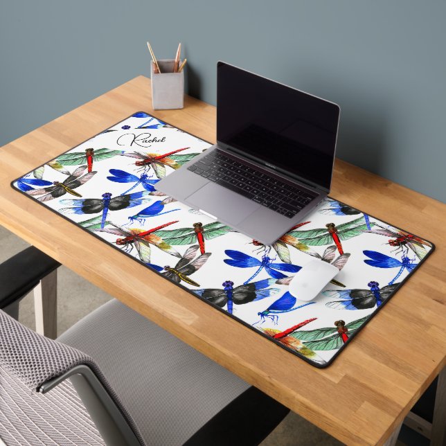 Name || Bright Watercolor Dragonfly Pattern  Desk Mat (Office 2)
