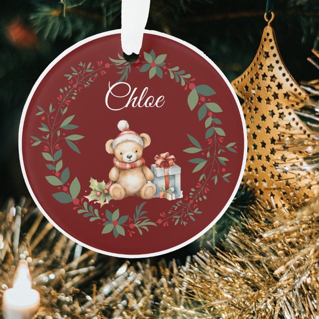 Name Burgundy Cute Teddy Christmas Tree  Ornament (Creator Uploaded)