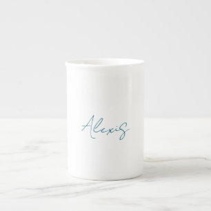 Name Calligraphy Script Plain Simple White Blue Bone China Mug