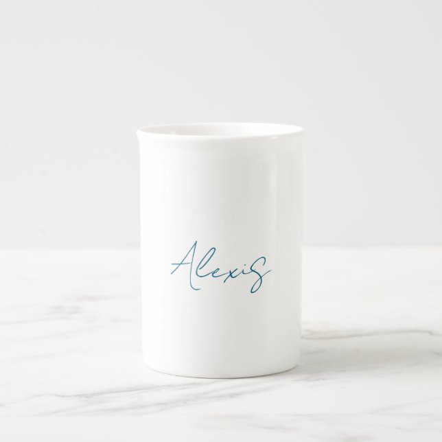 Name Calligraphy Script Plain Simple White Blue Bone China Mug (Front)