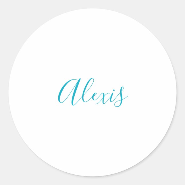 Name Calligraphy Script Plain Simple White Blue Classic Round Sticker (Front)