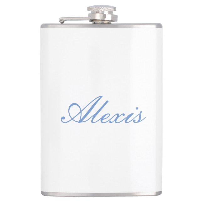 Name Calligraphy Script Plain Simple White Blue Hip Flask (Front)