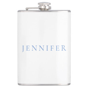 Name Calligraphy Script Plain Simple White Blue Hip Flask