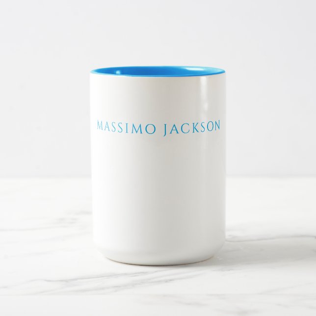 Name Calligraphy Script Plain Simple White Blue Two-Tone Coffee Mug (Center)