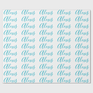 Name Calligraphy Script Plain Simple White Blue Wrapping Paper