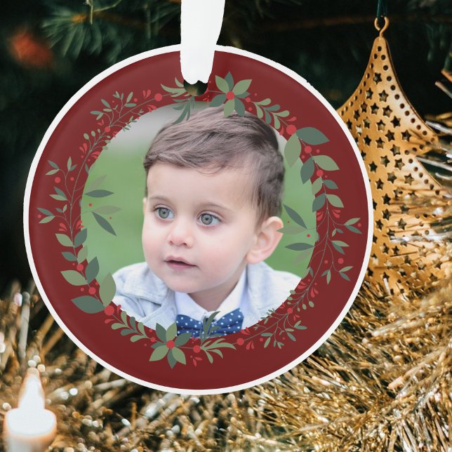 Name Child's Photo Burgundy Christmas Wreath Ornament (Creator Uploaded)