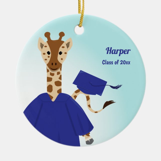 Name Class of Giraffe Graduation Cap Gown Ceramic Tree Decoration (Front)
