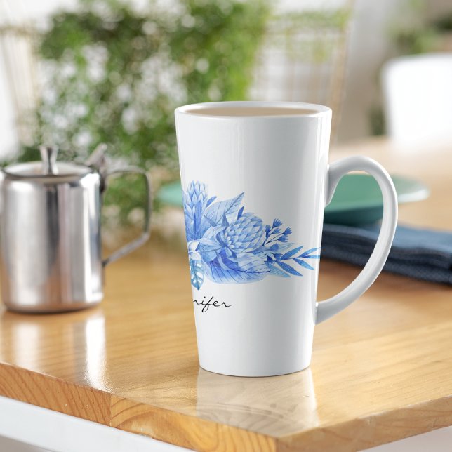 Name, Cobalt Blue Tropical Flowers & Leaves Latte Mug (Creator Uploaded)