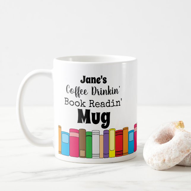 Name Coffee Drinking, Book Reading Coffee Mug (With Donut)